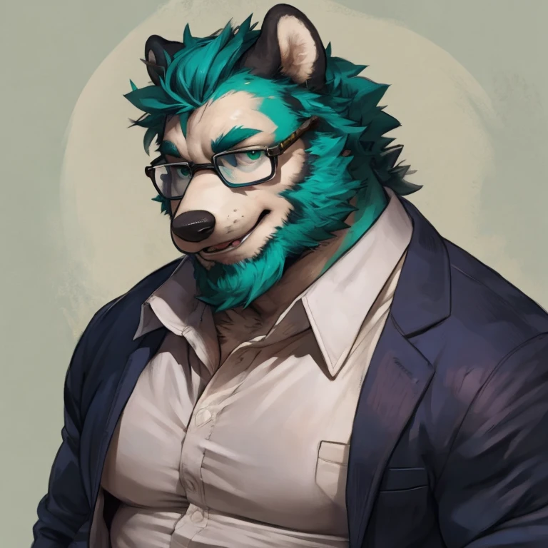 Solo, SemiMuscular Medium thin, male middle aged, anthro Badger, black and creamy white fur, body beauty of a bluish-green tone, thin beard, flirting, dynamic light, opened Shirt, Spectacles, thick shirt ,Teal  hair and beard, extremely hot and sexy, Daddy figure, hot daddy, by darkgem, by zixiong, by glitter trap boy