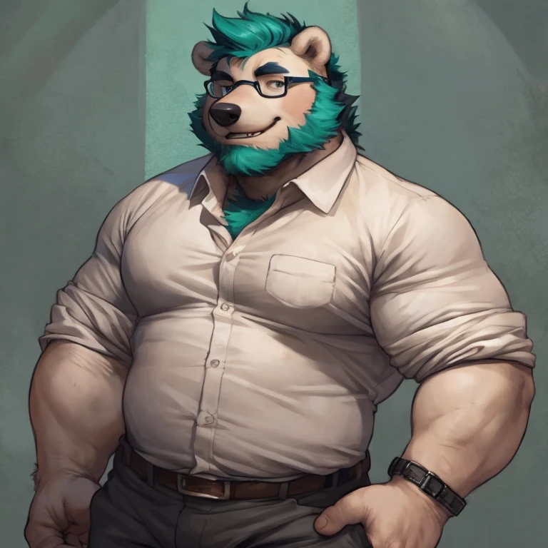 Solo, SemiMuscular Medium thin, male middle aged, anthro Badger, black and creamy white fur, body beauty of a bluish-green tone, thin beard, flirting, dynamic light, opened Shirt, Spectacles, thick shirt ,Teal  hair and beard, extremely hot and sexy, Daddy figure, hot daddy, by darkgem, by zixiong, by glitter trap boy