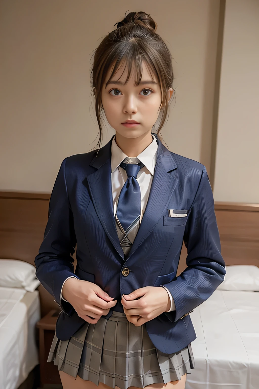 ((masterpiece:1.4))、((The pieces fly:1.4))、((A woman with light brown double hair in a bun:1.4))、((Cowboy Shot:1.4))、((Front shot:1.4))、((She is standing in a hotel bedroom wearing a short, pleated skirt with a grey check pattern that accentuates her thighs.:1.7))、((High school girl uniform necktie:1.4))、Very sexy outfit, ((Wearing a strict dark blue blazer suit:1.4))、High School Girl Blazer Uniform、Sexy look,((Woman with sad expression:1.4))、
