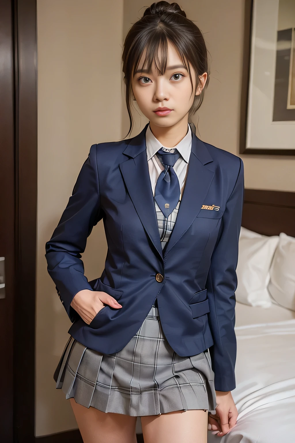 ((masterpiece:1.4))、((The pieces fly:1.4))、((A woman with light brown double hair in a bun:1.4))、((Cowboy Shot:1.4))、((Front shot:1.4))、((She is standing in a hotel bedroom wearing a short, pleated skirt with a grey check pattern that accentuates her thighs.:1.7))、((High school girl uniform necktie:1.4))、Very sexy outfit, ((Wearing a strict dark blue blazer suit:1.4))、High School Girl Blazer Uniform、Sexy look,((Woman with sad expression:1.4))、