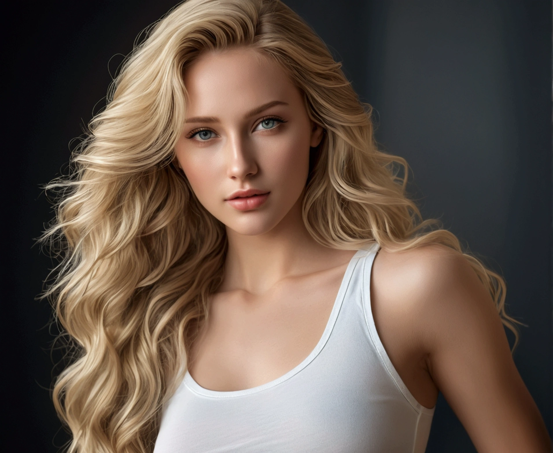 Young and beautiful woman, Gorgeous woman with very long wavy blonde hair, Delicate and seductive eyes, Long sexy legs, Woman in white tank top and ripped jeans, ((Detailed facial features)), (fine detailed skin), pale-skin, Realistic Skin Textures, Extreme skin details, (Pores:0.1), best quality masterpiece, Photorealistic, A hyper-realistic, detailed, 8K, HDR, (Soft color: 1.2), shallow depth of field, wide light, High contrast, Back lighting, Bloom, Twinkling light, chromatic aberration, Sharp focus, RAW color photos