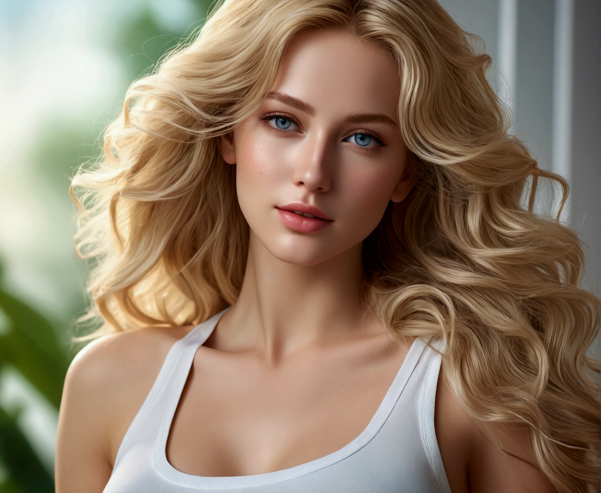 Young and beautiful woman, Gorgeous woman with very long wavy blonde hair, Delicate and seductive eyes, Long sexy legs, Woman in white tank top and ripped jeans, ((Detailed facial features)), (fine detailed skin), pale-skin, Realistic Skin Textures, Extreme skin details, (Pores:0.1), best quality masterpiece, Photorealistic, A hyper-realistic, detailed, 8K, HDR, (Soft color: 1.2), shallow depth of field, wide light, High contrast, Back lighting, Bloom, Twinkling light, chromatic aberration, Sharp focus, RAW color photos