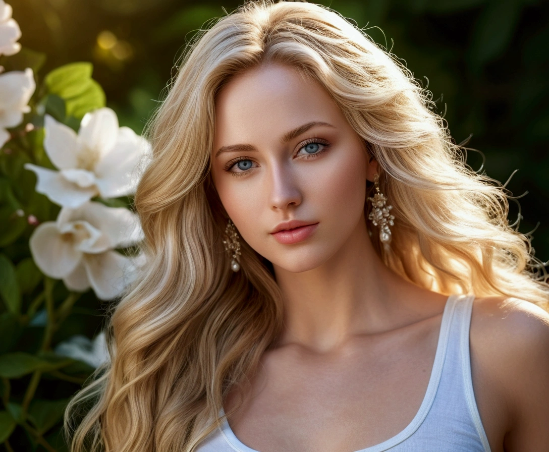 Young and beautiful woman, Gorgeous woman with very long wavy blonde hair, Delicate and seductive eyes, Long sexy legs, Woman in white tank top and ripped jeans, ((Detailed facial features)), (fine detailed skin), pale-skin, Realistic Skin Textures, Extreme skin details, (Pores:0.1), best quality masterpiece, Photorealistic, A hyper-realistic, detailed, 8K, HDR, (Soft color: 1.2), shallow depth of field, wide light, High contrast, Back lighting, Bloom, Twinkling light, chromatic aberration, Sharp focus, RAW color photos