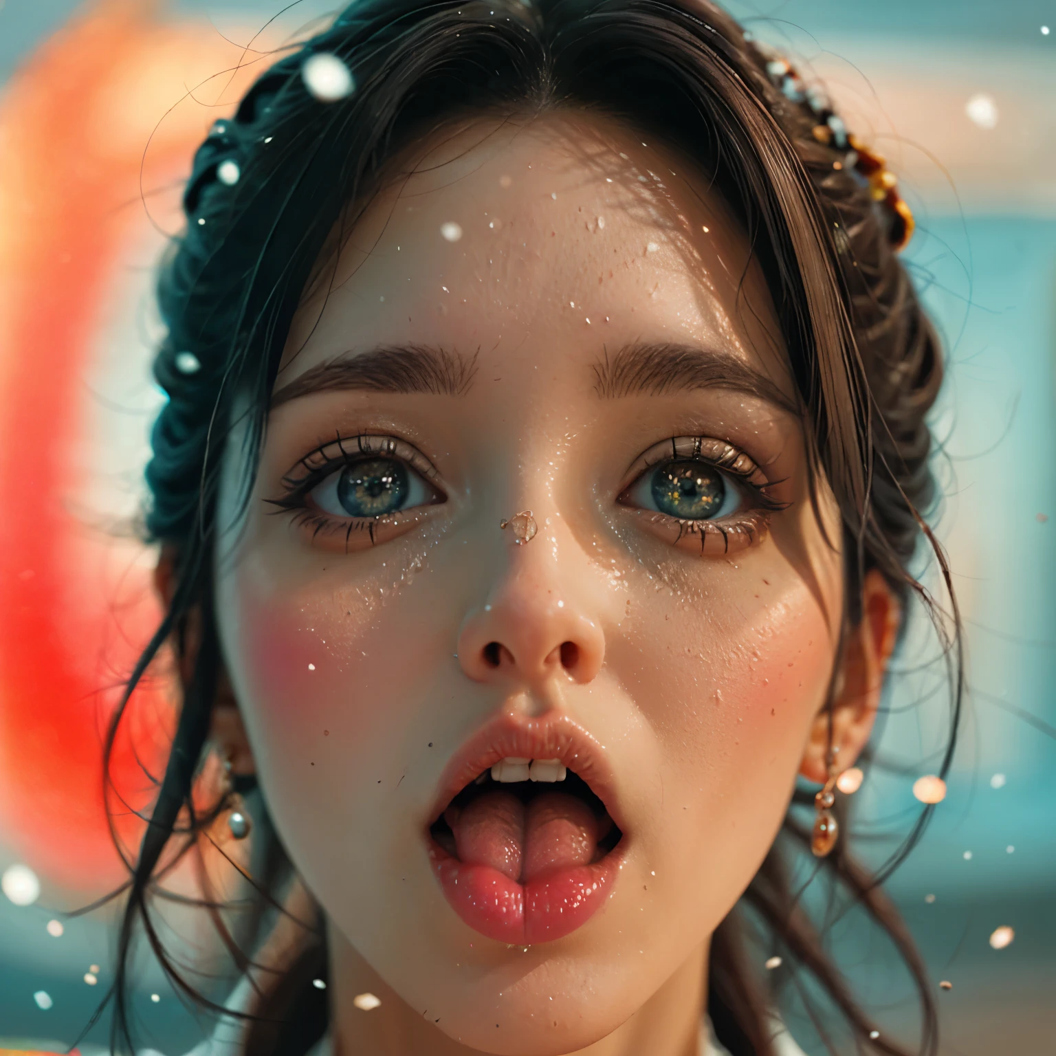 ExtremelyDetailed Kawaii girl Face,(Close-up Sweet lips), glossy lips with beautiful details, Coquettish tongue, Kissing to camera, towards the viewer, 8K TopQuality masterpiece,an extremely delicate and beautiful (ProfessionalPhoto:1.37), {Amazing|finely detail|official art|incredibly absurdres},ultra-detailed close-up shot, close up, (fish eye lens), wide lens, macro lens, Detailed reflective Eyes ElaboratePupils with (sparkling highlights:1.28) (Delicate Voluminous LongEyelashes:0.88), {(Tilted face:1.22)|Visible back of throat|saliva drips|naked shoulder}, (Dripping juice on tongue:1.23) snow particles
