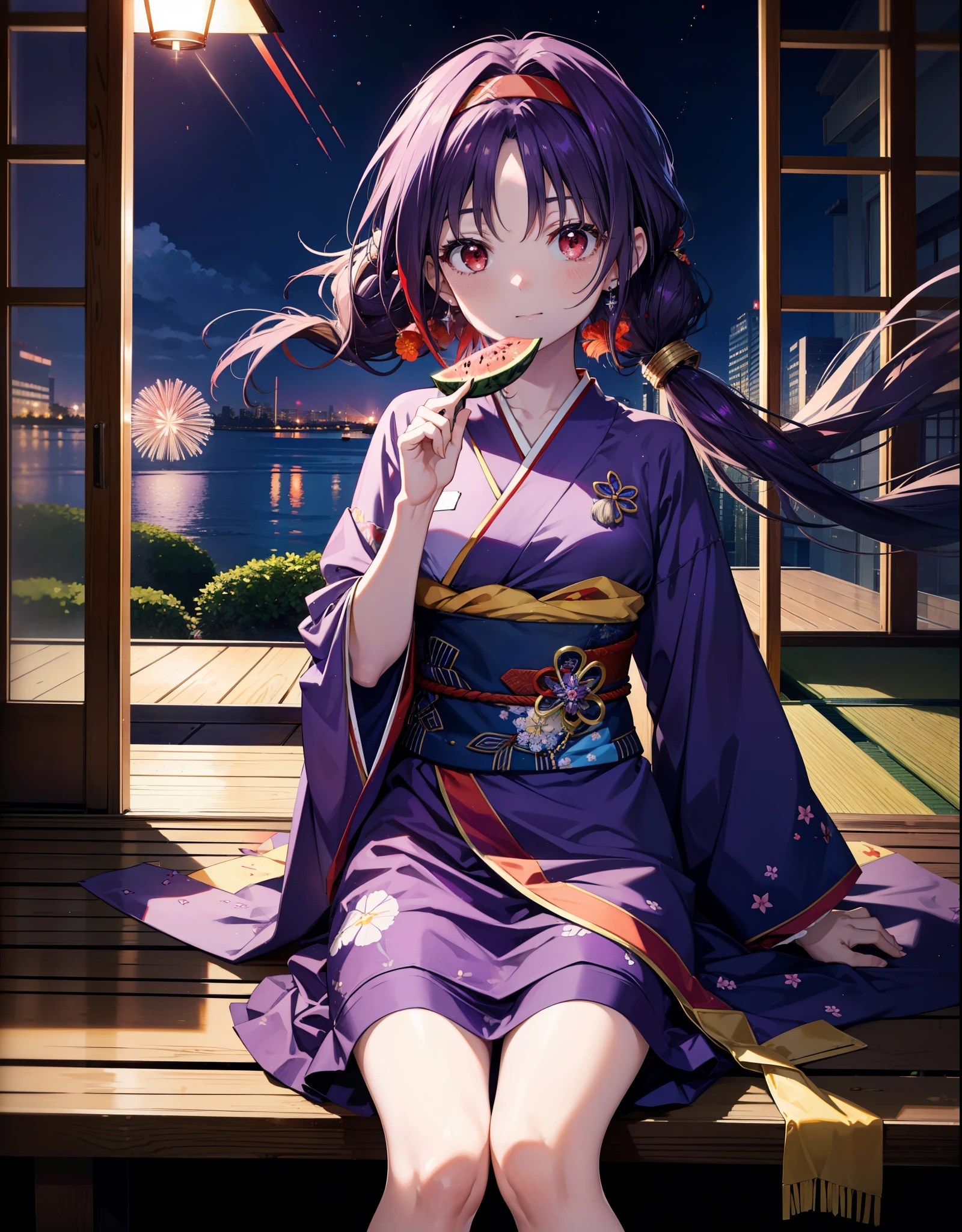 yuukikonno, Yuuki Konno, hair band, Long Hair, Pointed Ears, Purple Hair, (Red eyes:1.5), (Small breasts:1.2),low twin tail,smile,Open your mouth,Purple Kimono,Purple long skirt,Fireworks in the night sky,Fireworks,The place is a fireworks display,Time is night,sunny day,Sitting on a bench,He is eating a triangular piece of red watermelon, holding it in both hands.,Wind Chimes,whole bodyがイラストに入るよう,
break looking at viewer, , whole body, (Cowboy Shot:1. 5)
break indoors, Veranda,Japanese garden,
break (masterpiece:1.2), Highest quality, High resolution, unity 8k wallpaper, (figure:0.8), (Beautiful attention to detail:1.6), Highly detailed face, Perfect lighting, Highly detailed CG, (Perfect hands, Perfect Anatomy),