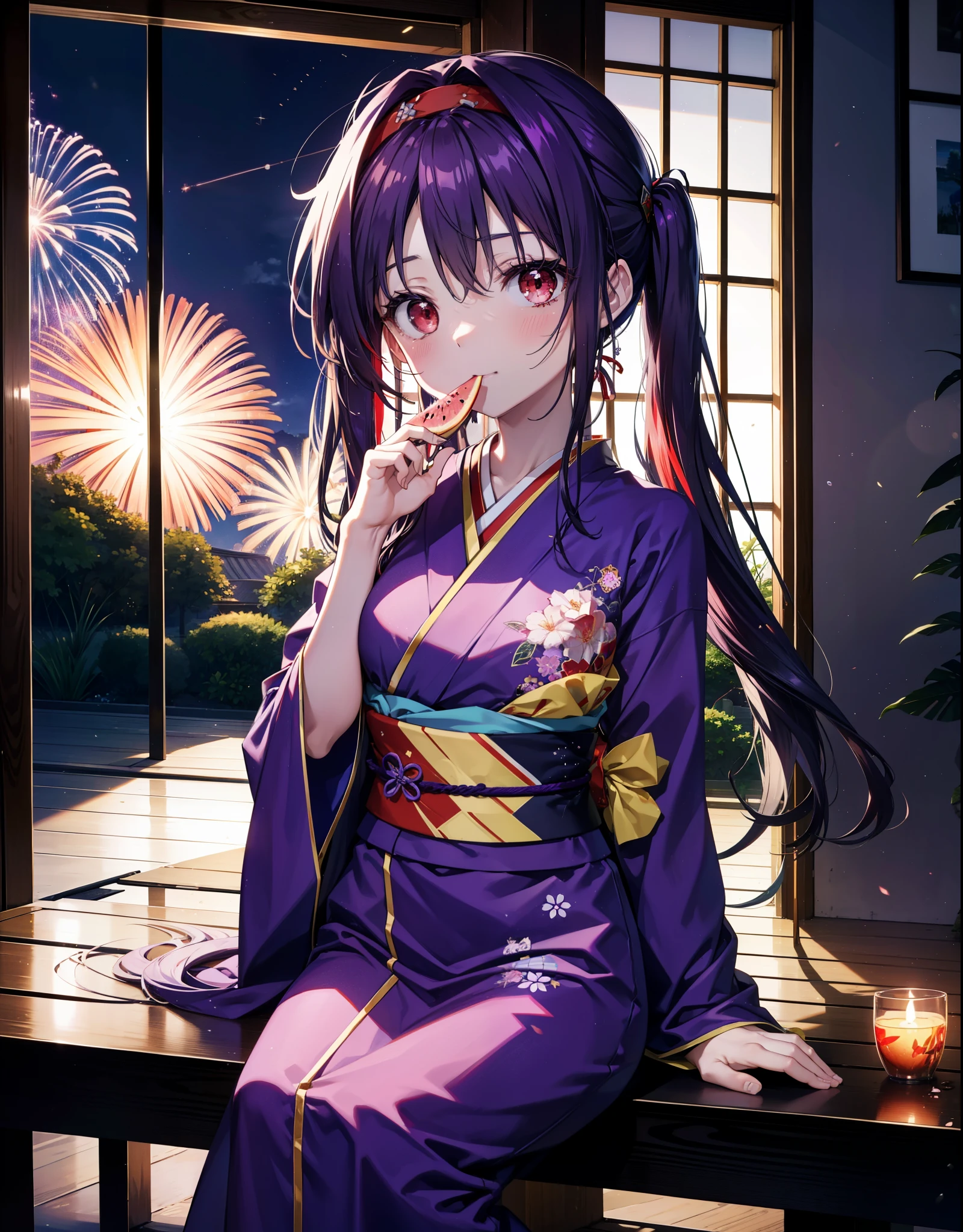 yuukikonno, Yuuki Konno, hair band, Long Hair, Pointed Ears, Purple Hair, (Red eyes:1.5), (Small breasts:1.2),low twin tail,smile,Open your mouth,Purple Kimono,Purple long skirt,Fireworks in the night sky,Fireworks,The place is a fireworks display,Time is night,sunny day,Sitting on a bench,He is eating a triangular piece of red watermelon, holding it in both hands.,Wind Chimes,whole bodyがイラストに入るよう,
break looking at viewer, , whole body, (Cowboy Shot:1. 5)
break indoors, Veranda,Japanese garden,
break (masterpiece:1.2), Highest quality, High resolution, unity 8k wallpaper, (figure:0.8), (Beautiful attention to detail:1.6), Highly detailed face, Perfect lighting, Highly detailed CG, (Perfect hands, Perfect Anatomy),