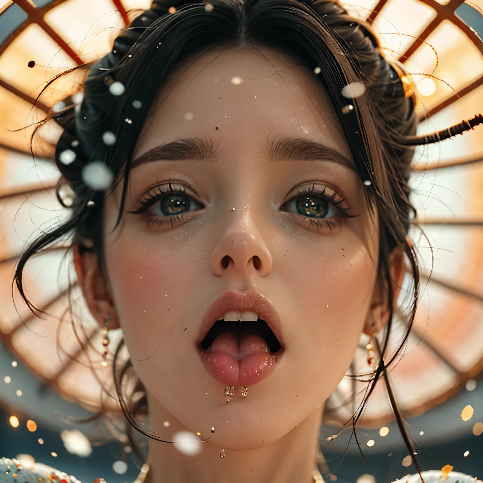 ExtremelyDetailed Kawaii girl Face,(Close-up Sweet lips), glossy lips with beautiful details, Coquettish tongue, Kissing to camera, towards the viewer, 8K TopQuality masterpiece,an extremely delicate and beautiful (ProfessionalPhoto:1.37), {Amazing|finely detail|official art|incredibly absurdres},ultra-detailed close-up shot, close up, (fish eye lens), wide lens, macro lens, Detailed reflective Eyes ElaboratePupils with (sparkling highlights:1.28) (Delicate Voluminous LongEyelashes:0.88), {(Tilted face:1.22)|Visible back of throat|saliva drips|naked shoulder}, (Dripping juice on tongue:1.23) snow particles