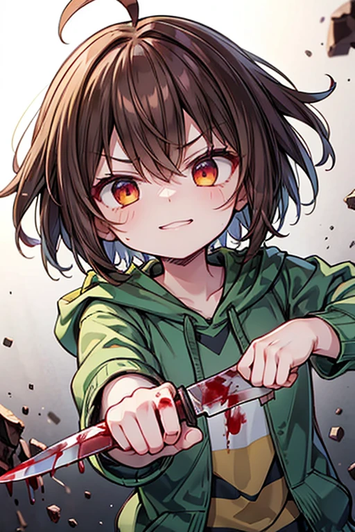 brown hair, ahoge, glaring, red eyes, smile, angry, アニメ, anatomically correct, textured skin, high quality, crazy eyes, crazy, 8k,(Holding a bloody knife), (Green hoodie), (brown and yellow striped sweater 3：1), (Bloody 1：3), (Short Hair), (Point the knife here), disaster々New Background, Enemy side, 