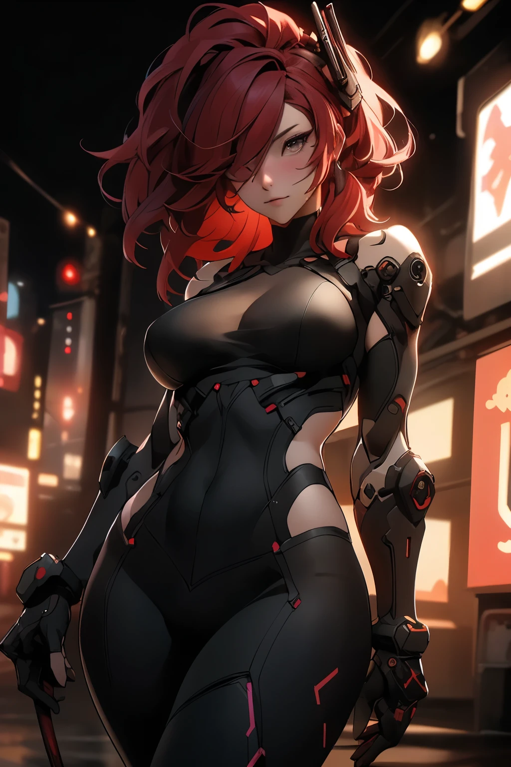 ((best quality)), ((Masterpiece)), (details:1.4), 3d, Image of a beautiful cyberpunk woman., HDR (high dynamic range), mature woman, Curtain Bangs, RED hair, white eyes, Cyber Samurai, PBR surface, After processing, Anisotropic filtration,depth of field, Maximum clarity and clarity, multi-layered surface, perfect proportions, 8K raw files, cyberpunk, at night, ผมหลายชั้น, กระโปรงสั้น, natural lighting, soft lighting, sunlight, หน้าอกใหญ่, บนดาดฟ้าตึกสูง, เห็นทั้งเมื่อง, hips up