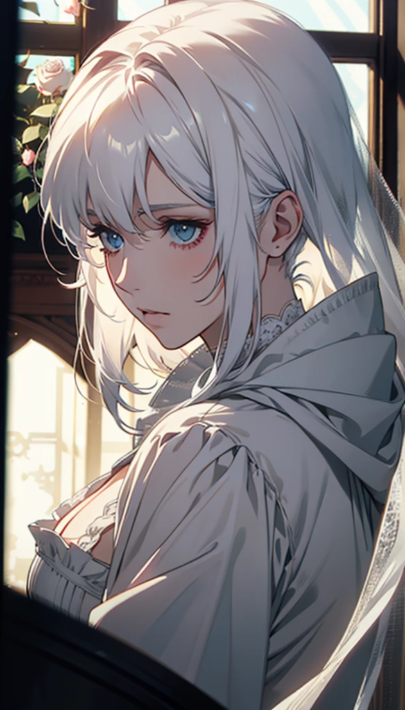 young,White Rose,Blood,Low screen contrast,high brightness,White hair,Soft Light,Soft Focus,romanticism, anime big breasts, Impressionism, Movie Lighting, close up, Ultra HD, masterpiece, High Detail