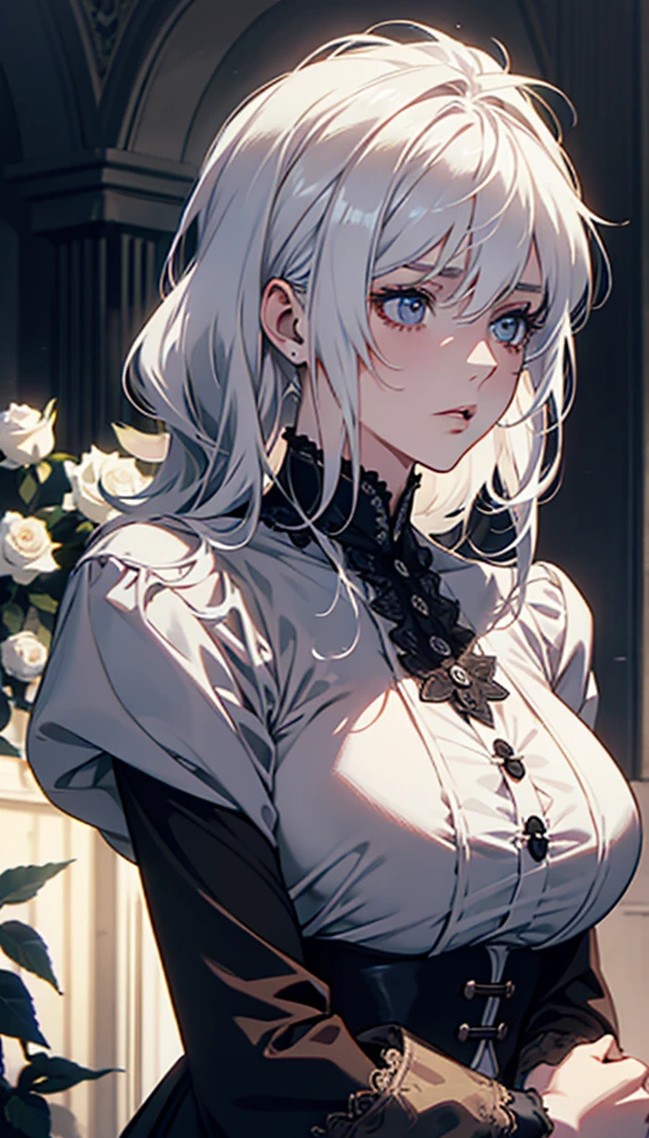 young，White Rose，Blood，Low screen contrast，high brightness，White hair，Soft Light，Soft Focus，romanticism, anime big breasts, Impressionism, Movie Lighting, close up, Ultra HD, masterpiece, High Detail