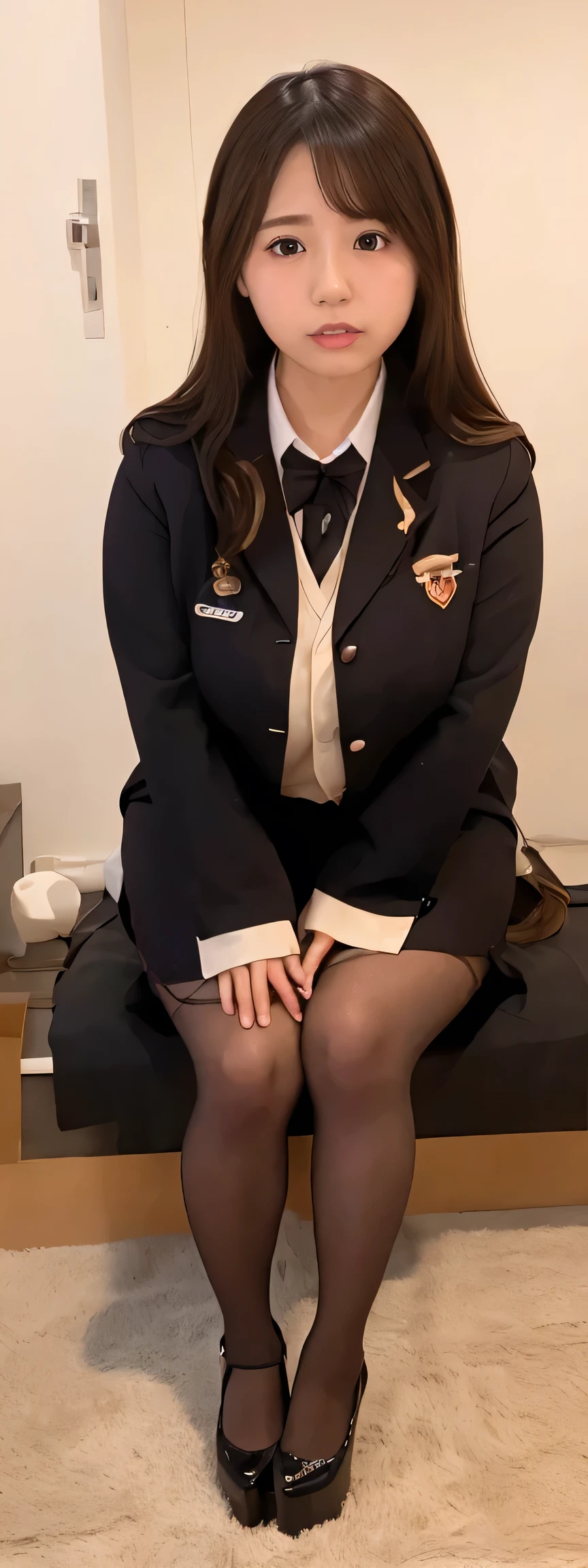 Japanese maid, Mature Woman, ((A little chubby, Round face, About 40)), Wavy black hair with no bangs, Long Hair, Twin ponytail, Flashy makeup, Fuller lips, Sexy Gaze, uniform, ((dressing)), Looking into the camera, Low angle shooting, Cute duck mouth,((Extremely precise and accurate anatomy)),  (masterpiece:1.43), Perfect Proportions, Realistic photos, Full Shot, whole body, (height: 146cm), High heels Has two legs,Has two arms、Has two legs, You need two arms)) 