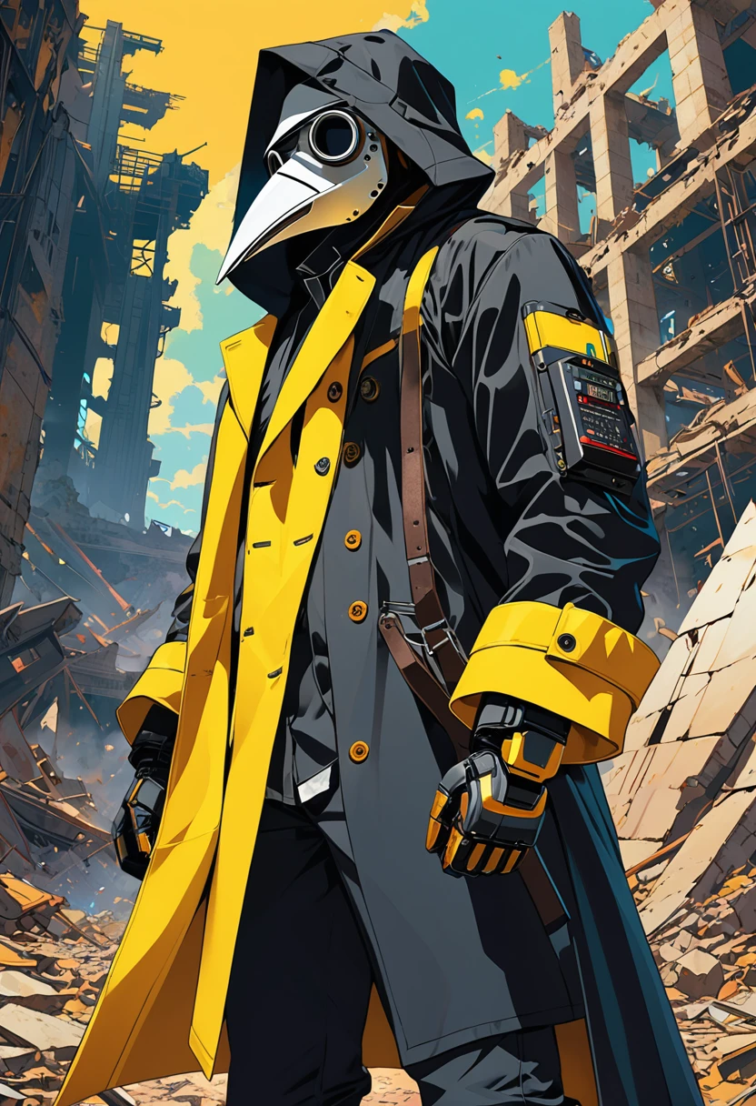 (masterpiece, best quality:1.1), (ultra highres, ultra-detailed:1.2),(doodle),pop-art,flatcolor,one boy,(male Mad-scientist),(wearing plague-doctor costume,white beak-mask),eyes glow yellow,black hood,black lab-coat, mecha arm,short hight,BREAK boy pose,in mechanical ruins,absurdity, extraordinary,dynamic angle,