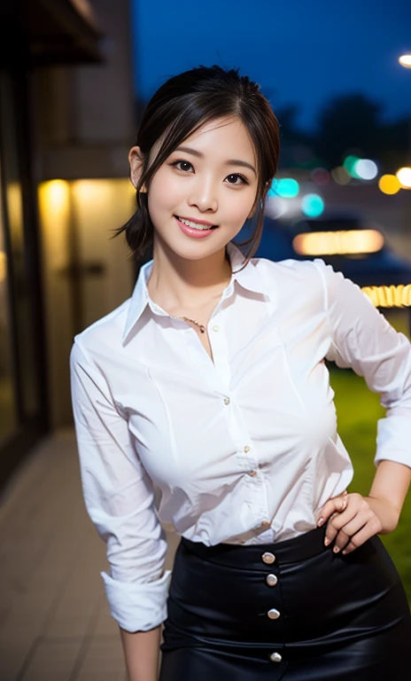 (a gorgeous Korean woman, age 28, Natural Pose under night sky, Formal Office Lady, white shirt with buttons, black mini-skirt or pencil skirt, feminine expression,
super definition face, beautiful detailed face,
super cute and soft face, beautiful detailed eyes,
fine eyes with double eyelids, kawwaii dimples,
kind smile, short ponytail, short bob hair, short disheveled hair, cute snaggletooth, fair skin, ample round bosom, soft toned body, hands on hip,
photorealistic, hyper-realism, high contrast, ultra HD, realistic skin textures, top image quality, top-quality, super high resolution, fine details, very meticulously, the Cowboy_Shot, bokeh background, SFW)