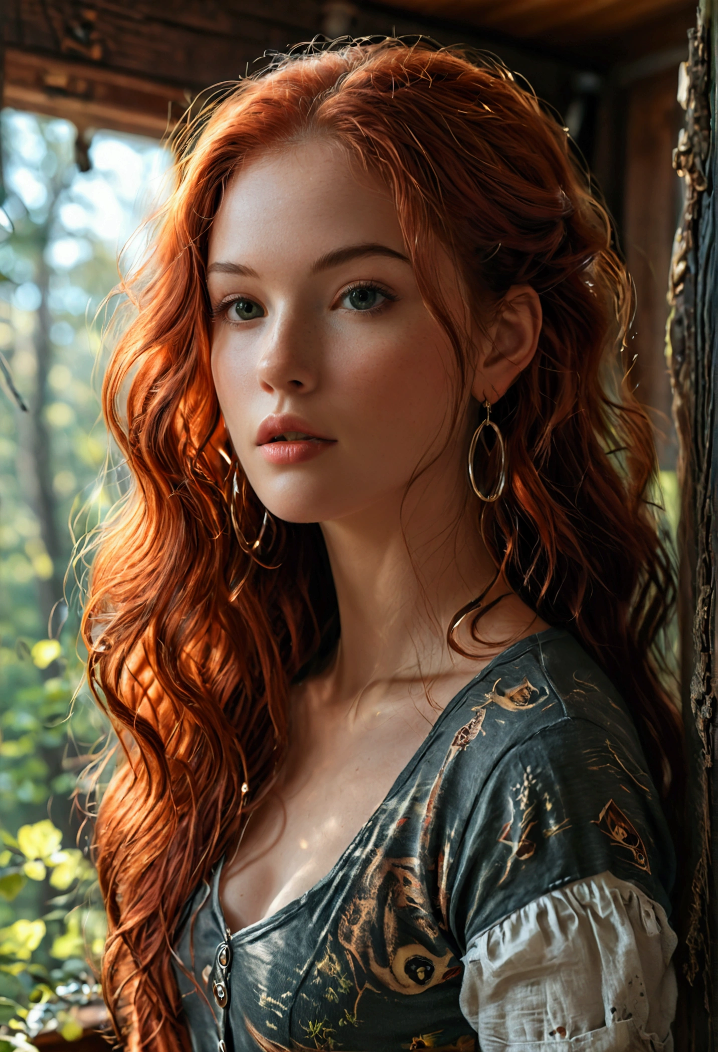 (full body shot:1.5) photorealistic image of a (standing pose:1.1) woman, ultra realistic, photography, long red hair, girl, 24 years old, hourglass figure, perfect body, Flirty look, natural medium breasts, blur background, medium hoop earrings, big t-shirt, leggings, bottom shot, long hair, wavy hair, inside of a cabin in the woods, photorealistic, Indirect lighting, volumetric light, specular light, ray tracing, hyper-detailed, best quality, ultra-high resolution, HDR, 8k, pose looking out the window