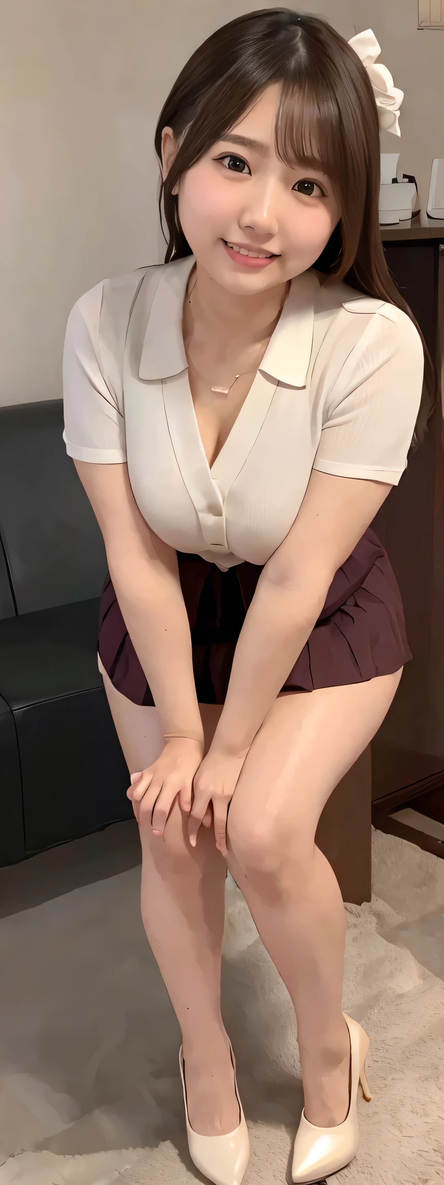 Japanese maid, Mature Woman, ((A little chubby, Round face, About 40)), Wavy black hair with no bangs, Long Hair, Twin ponytail, Flashy makeup, Fuller lips, Sexy Gaze, uniform, ((dressing)), Looking into the camera, Low angle shooting, Cute duck mouth,((Extremely precise and accurate anatomy)),  (masterpiece:1.43), Perfect Proportions, Realistic photos, Full Shot, whole body, (height: 146cm), High heels Has two legs,Has two arms、Has two legs, You need two arms)) 