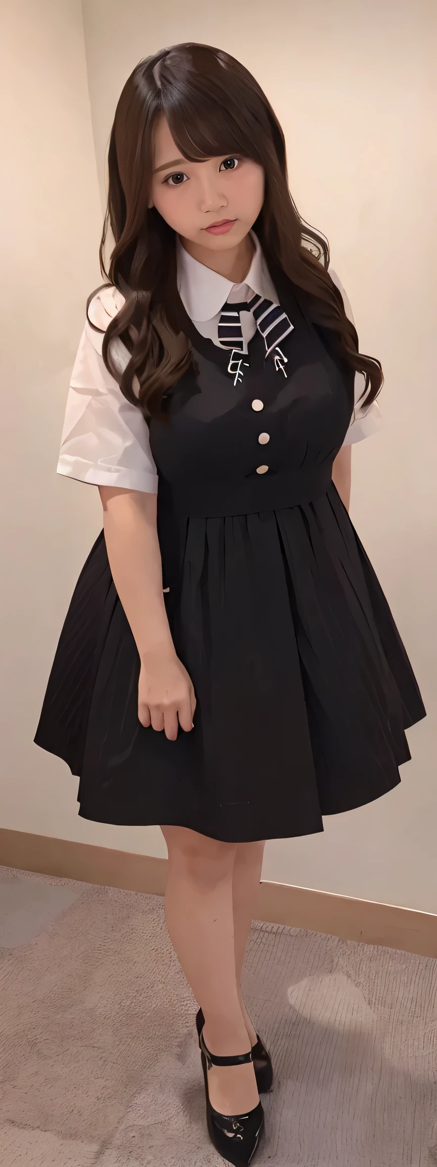 Japanese maid, Mature Woman, ((A little chubby, Round face, About 40)), Wavy black hair with no bangs, Long Hair, Twin ponytail, Flashy makeup, Fuller lips, Sexy Gaze, uniform, ((dressing)), Looking into the camera, Low angle shooting, Cute duck mouth,((Extremely precise and accurate anatomy)),  (masterpiece:1.43), Perfect Proportions, Realistic photos, Full Shot, whole body, (height: 146cm), High heels Has two legs,Has two arms、Has two legs, You need two arms)) 