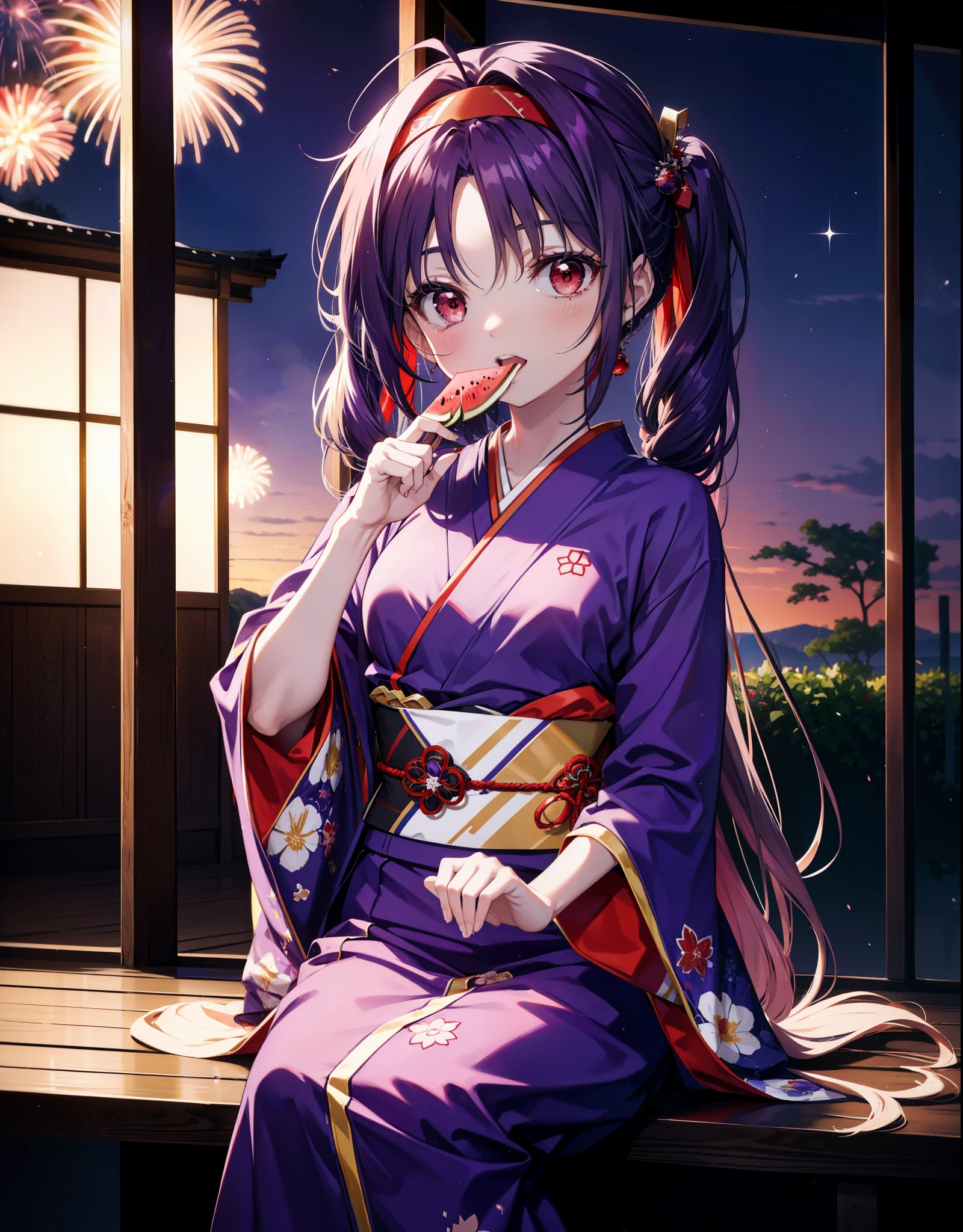 yuukikonno, Yuuki Konno, hair band, Long Hair, Pointed Ears, Purple Hair, (Red eyes:1.5), (Small breasts:1.2),low twin tail,smile,Open your mouth,Purple Kimono,Purple long skirt,Fireworks in the night sky,Fireworks,The place is a fireworks display,Time is night,sunny day,Sitting on a bench,He is eating a triangular piece of red watermelon, holding it in both hands.,Wind Chimes,whole bodyがイラストに入るよう,
break looking at viewer, , whole body, (Cowboy Shot:1. 5)
break indoors, Veranda,Japanese garden,
break (masterpiece:1.2), Highest quality, High resolution, unity 8k wallpaper, (figure:0.8), (Beautiful attention to detail:1.6), Highly detailed face, Perfect lighting, Highly detailed CG, (Perfect hands, Perfect Anatomy),