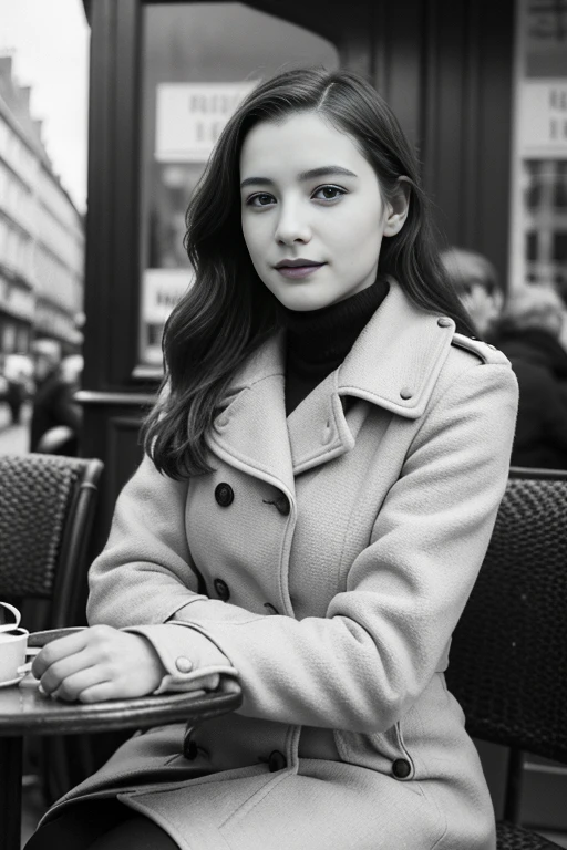monochrome film, sepia color ,1940 years, winter , A Parisian girl , 18 age, beautiful girl , on street ,in Paris cafe, sitting pose, winter wears, noon ,(super detail, high details, high quality, accurate, anatomically correct, textured skin, beautiful fingers super detail, high details, high quality, best quality)