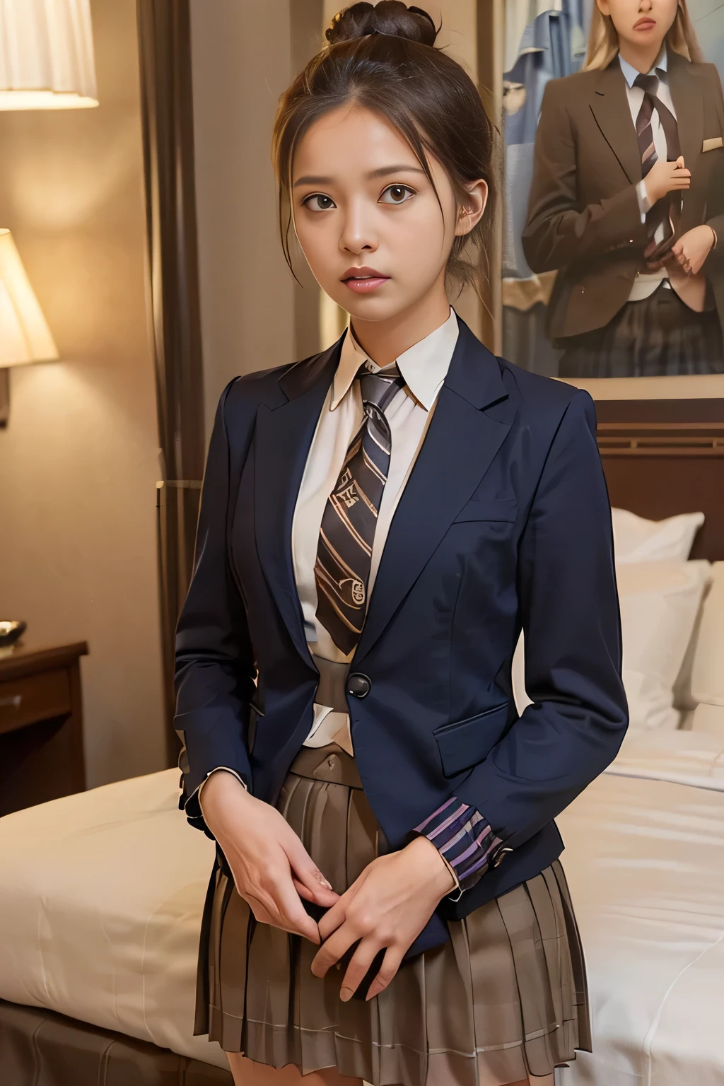 ((masterpiece:1.4))、((The pieces fly:1.4))、((A woman with light brown double hair in a bun:1.4))、((Cowboy Shot:1.4))、((Front shot:1.4))、((Standing in a hotel bedroom wearing a short, brown, checked pleated skirt:1.7))、((High school girl uniform necktie:1.4))、Very sexy outfit, ((Wearing a strict dark blue blazer suit:1.4))、High School Girl Blazer Uniform、Sexy look,((Woman with sad expression:1.4))、