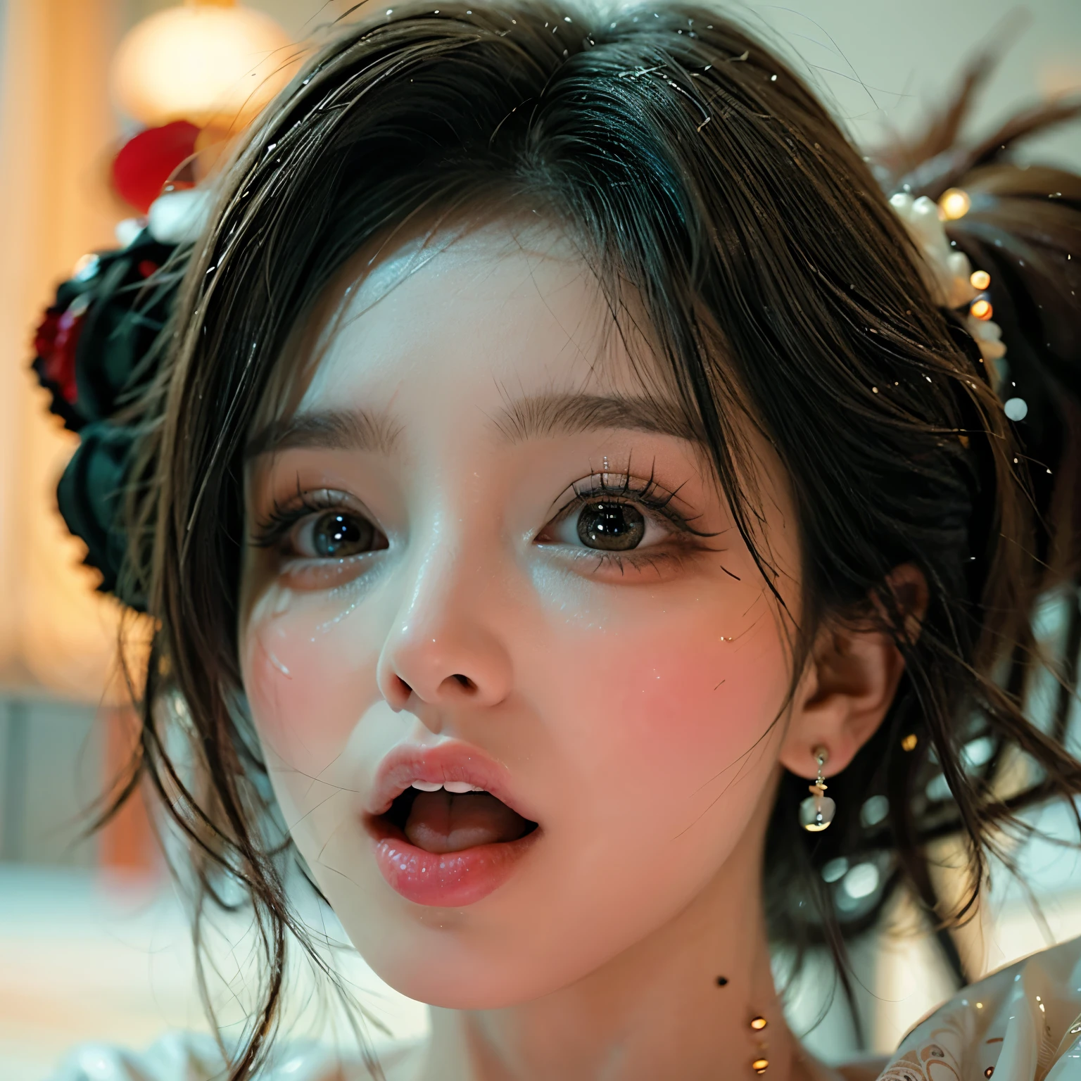 ExtremelyDetailed Kawaii girl Face,(Close-up Sweet lips), glossy lips with beautiful details, Coquettish tongue, Kissing to camera, towards the viewer, 8K TopQuality masterpiece,an extremely delicate and beautiful (ProfessionalPhoto:1.37), {Amazing|finely detail|official art|incredibly absurdres},ultra-detailed close-up shot, close up, (fish eye lens), wide lens, macro lens, Detailed reflective Eyes ElaboratePupils with (sparkling highlights:1.28) (Delicate Voluminous LongEyelashes:0.88), {(Tilted face:1.22)|Visible back of throat|saliva drips|naked shoulder}, (Dripping juice on tongue:1.23) snow particles