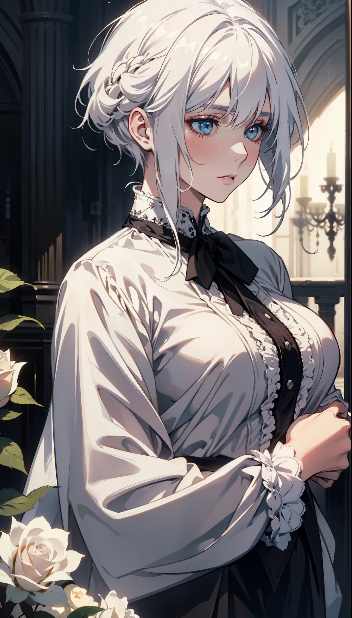 young，White Rose，Blood，Low screen contrast，high brightness，White hair，Soft Light，Soft Focus，romanticism, anime big breasts, Impressionism, Movie Lighting, close up, Ultra HD, masterpiece, High Detail