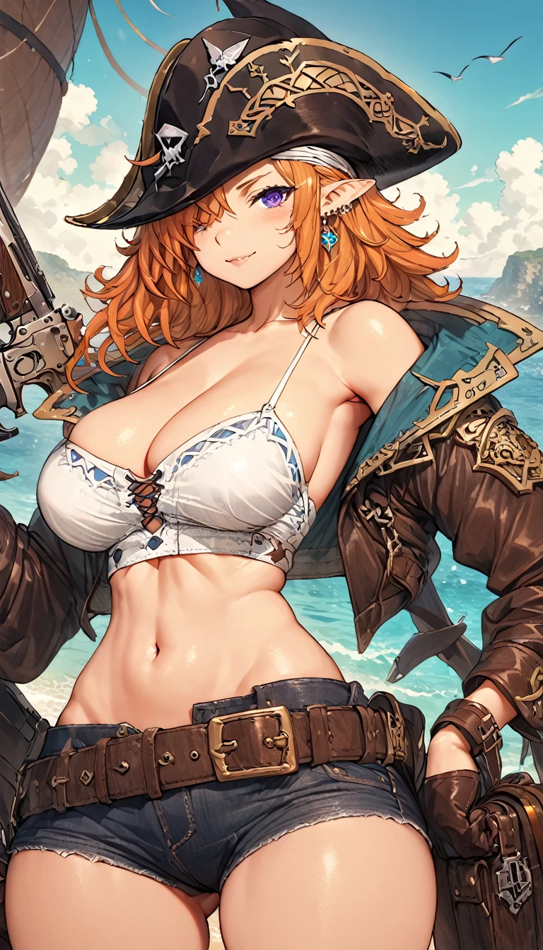 best quality,4k,8k, highres, masterpiece:1.2), ultra-detailed, extremely detailed eyes, extremely detailed body, (large masterpiece digital art), (detailed manga illustration), (detailed line art), ((perfect anatomy)), (intricate details:1.3), (ultra-detailed:1.3), (illustration:1.3), (sharp focus:1.3), (natural lighting:1.05), (vivid colors:1.3), (masterpiece), (best quality:1.4), (perfect anatomy:1.4), high quality, expressive eyes, full body, detailed face, beautiful face, perfect face, 1 girl, breast, large breast, cleavage, detailed hair, medium hair, orange hair, hair over one eye, purple eyes, eyepatch, (shark girl), pointy ears, pirate, pirate hat, tricorne, earrings, crop top, cross-laced clothes, belt, wide smile, sharp teeth, teeth, cropped jacket, holding weapon, gunblade, gun, midriff, asymmetrical clothes, asymmetrical pants, gloves, curvy, yellow shirt, jewelry, Intricate, High Detail, Sharp focus, dramatic, cinematic lighting, dramatic atmosphere, (((coastline background))), soft bokeh of beach,