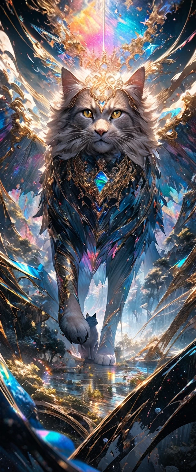 gold line art effects, fusion of watercolors and oil paintings, fusion of paper cutting and shadow puppetry, mix of monochrome and color, cool fluffy cat with golden lines, a divine beast, a jewel, cosmic rays, transparent, iridescent, good luck picture, conceptual installation art, (ultra detailed, absolutely resolution, best quality:1.3), 2.5D, delicate and dynamic, hyper realistic, artistic photography, graphic CG digital art, shading effects, gradation magic effects, glitter effects, moonlight effects, foggy filter effect