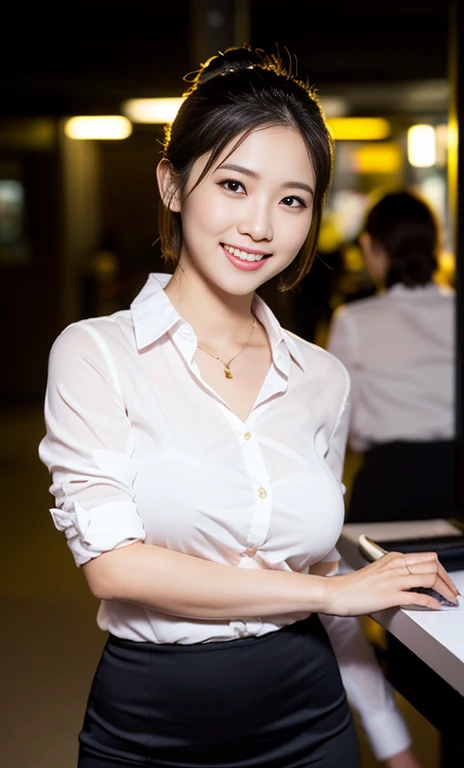 (a gorgeous Korean woman, age 28, Natural Pose under night sky, Formal Office Lady, white shirt with buttons, black mini-skirt or pencil skirt, feminine expression,

super definition face, beautiful detailed face, 
super cute and soft face, beautiful detailed eyes, 
fine eyes with double eyelids, kawwaii dimples, 
kind smile, short ponytail, short bob hair, short disheveled hair, cute snaggletooth, fair skin, ample round bosom, soft toned body, hands on hip,

photorealistic, hyper-realism, high contrast, ultra HD, realistic skin textures, top image quality, top-quality, super high resolution, fine details, very meticulously, the Cowboy_Shot, bokeh background, SFW)