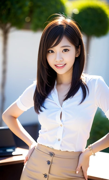 (a gorgeous Korean woman, age 28, Natural Pose under night sky, Formal Office Lady, white shirt with buttons, black mini-skirt or pencil skirt, feminine expression,
super definition face, beautiful detailed face,
super cute and soft face, beautiful detailed eyes,
fine eyes with double eyelids, kawwaii dimples,
kind smile, short ponytail, short bob hair, short disheveled hair, cute snaggletooth, fair skin, ample round bosom, soft toned body, hands on hip,
photorealistic, hyper-realism, high contrast, ultra HD, realistic skin textures, top image quality, top-quality, super high resolution, fine details, very meticulously, the Cowboy_Shot, bokeh background, SFW)