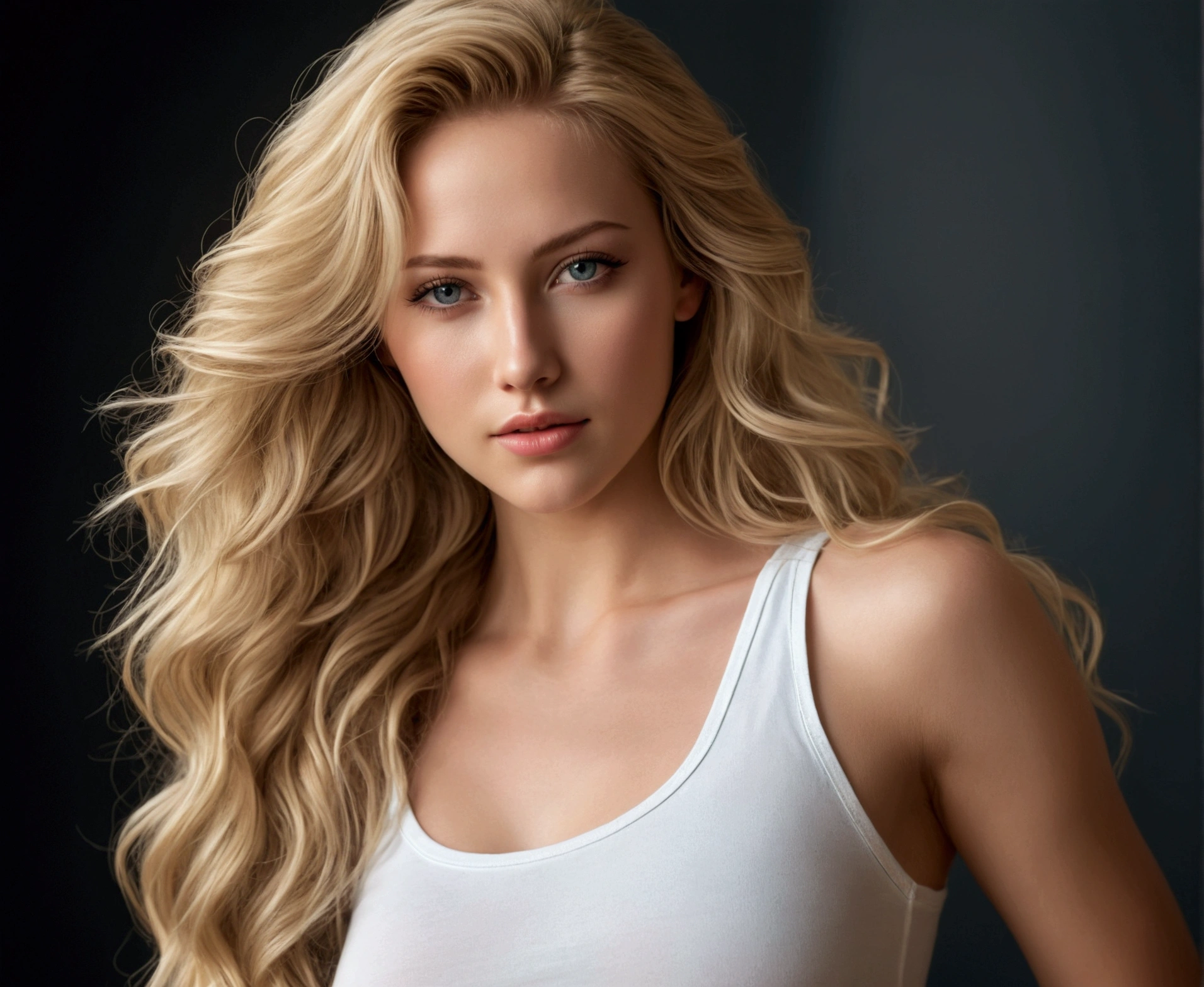 Young and beautiful woman, Gorgeous woman with very long wavy blonde hair, Delicate and seductive eyes, Long sexy legs, Woman in white tank top and ripped jeans, ((Detailed facial features)), (fine detailed skin), pale-skin, Realistic Skin Textures, Extreme skin details, (Pores:0.1), best quality masterpiece, Photorealistic, A hyper-realistic, detailed, 8K, HDR, (Soft color: 1.2), shallow depth of field, wide light, High contrast, Back lighting, Bloom, Twinkling light, chromatic aberration, Sharp focus, RAW color photos