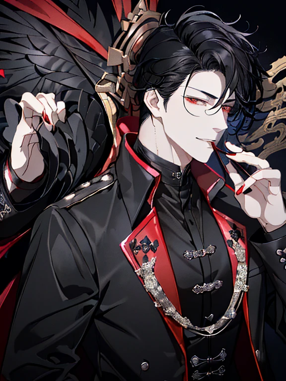 ((Black hair)),((curly fluffy hair)),((short-hair)),((pale red eyes)),(double sleeve long sleeve clothes),((())),((Black leather corset)),((Luxury and neat attire like a British gentleman)),((Feeling of fatigue and weakness)),Slight red tide,(Stare at me with your mouth open),(Vampires),((long fangs)),(Yodare),(Kamimei),(((Super close-up of the face))),((Cute mascot-like black creature)),(Extra large full moon night),((Sharp eye light)),((Snake-like eyes)),((Male in his mid-)),smiling slightly