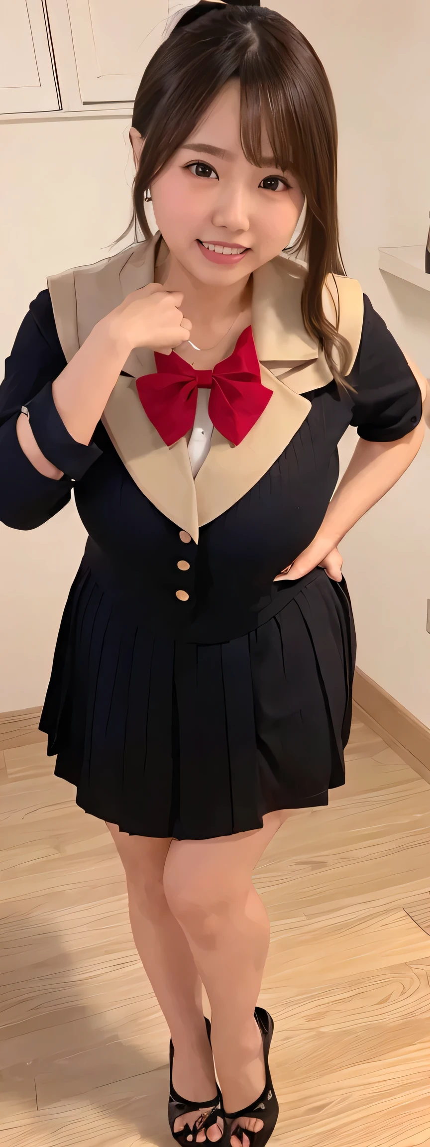 Japanese maid, Mature Woman, ((A little chubby, Round face, About 40)), Wavy black hair with no bangs, Long Hair, Twin ponytail, Flashy makeup, Fuller lips, Sexy Gaze, uniform, ((dressing)), Looking into the camera, Low angle shooting, Cute duck mouth,((Extremely precise and accurate anatomy)),  (masterpiece:1.43), Perfect Proportions, Realistic photos, Full Shot, whole body, (height: 146cm), High heels Has two legs,Has two arms、Has two legs, You need two arms)) 