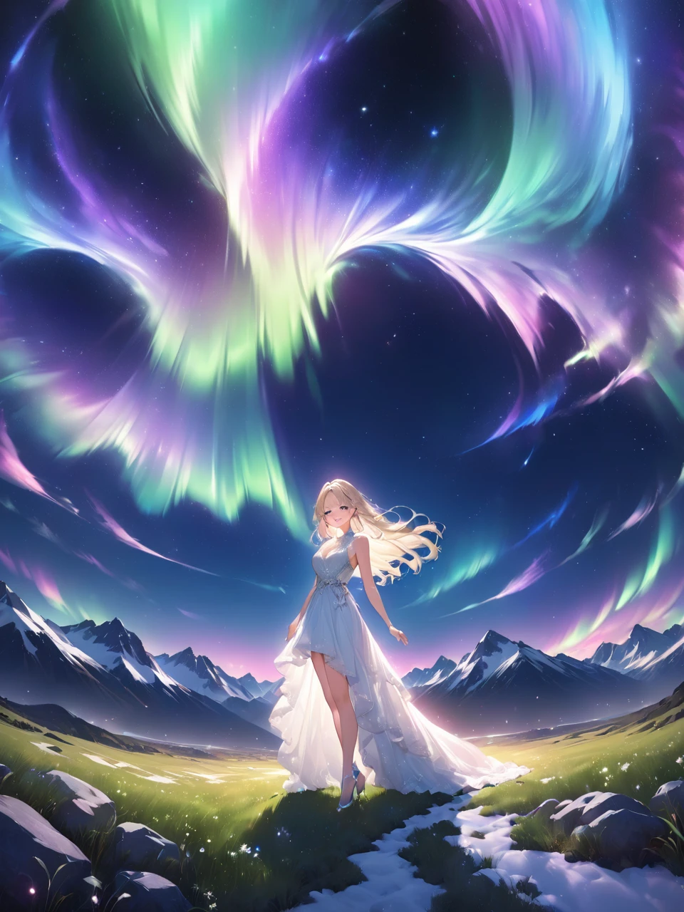 Highest quality, Highest quality, 16K, Unbelievably absurd, Very detailed, 2.5D, delicate and dynamic,Aurora,star,night,Spectacular view of a large mountain,valley,Vast grassland,woman,22 years old,Elegance,Shiny Hair,smile