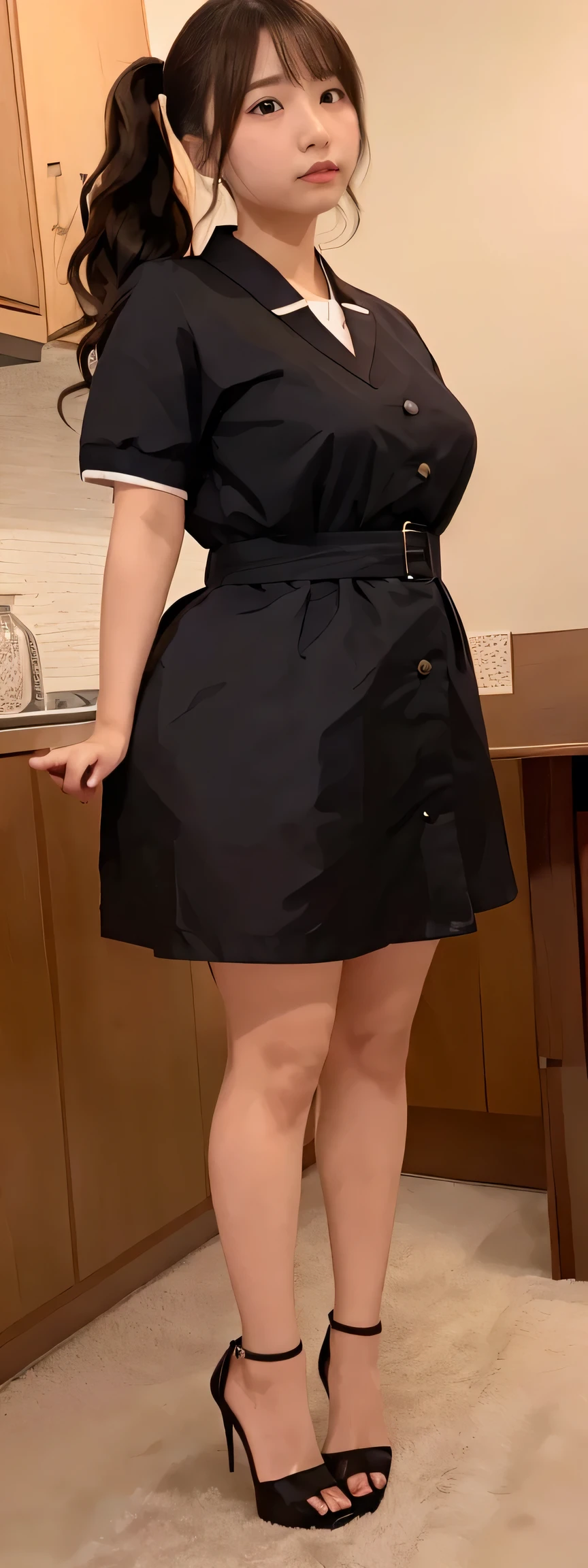 Japanese maid, Mature Woman, ((A little chubby, Round face, About 40)), Wavy black hair with no bangs, Long Hair, Twin ponytail, Flashy makeup, Fuller lips, Sexy Gaze, uniform, ((dressing)), Looking into the camera, Low angle shooting, Cute duck mouth,((Extremely precise and accurate anatomy)),  (masterpiece:1.43), Perfect Proportions, Realistic photos, Full Shot, whole body, (height: 146cm), High heels Has two legs,Has two arms、Has two legs, You need two arms)) 