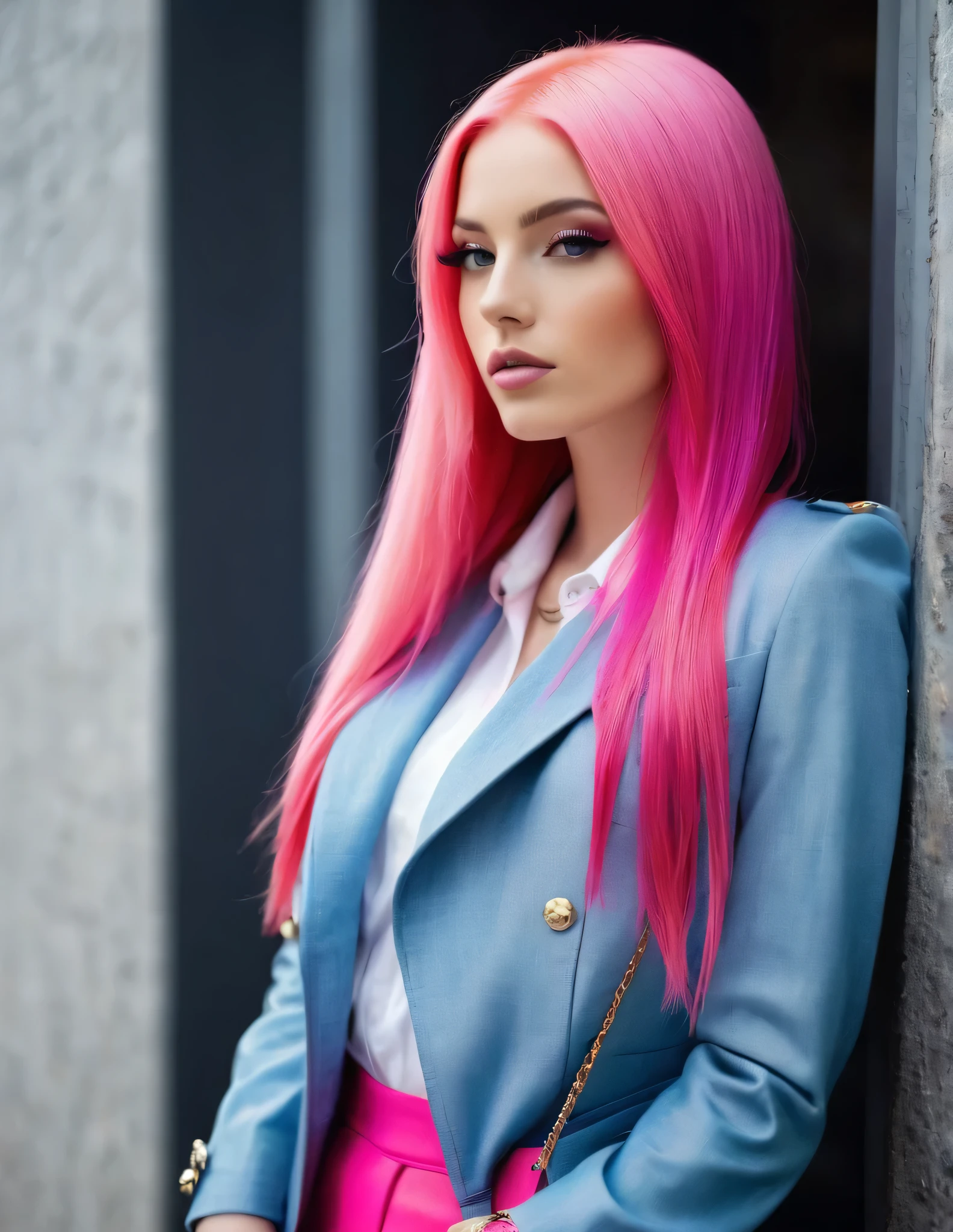very attractive 25 year old girl, with bright pink hair, long and smooth, dressed in clothes suitable for Vogue magazine, Quality of Photo