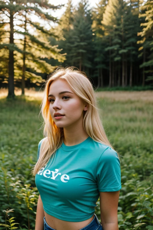 girl about 23 years old, blond hair, tight T-shirt, lies in a field against the backdrop of a forest, beautiful figure,хорошее качество