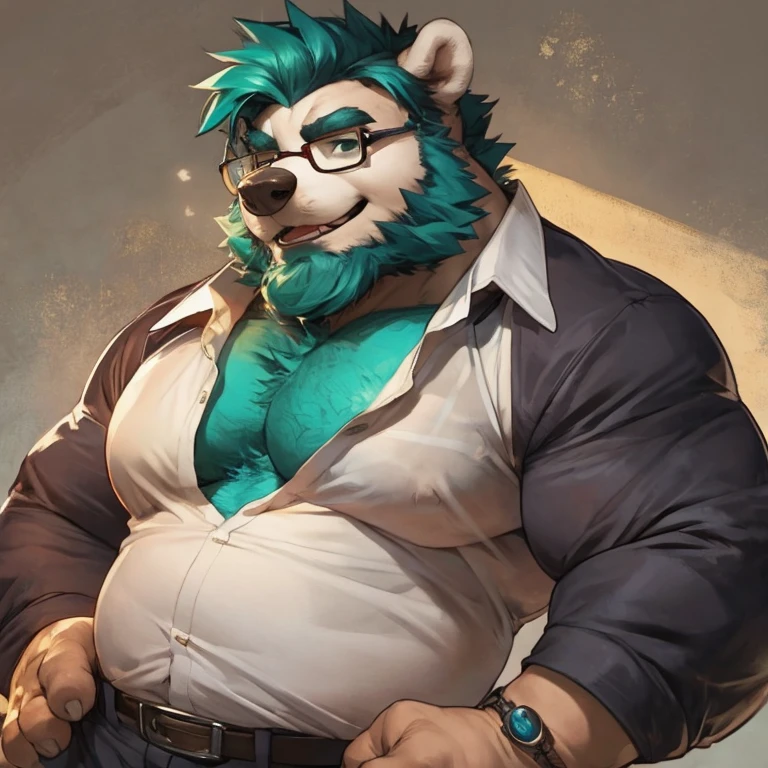 Solo, SemiMuscular Medium thin, male middle aged, anthro Badger, Master of Philosophy, black and creamy white fur, body beauty of a bluish-green tone, thin beard, flirting, dynamic light, opened Shirt, Spectacles, thick shirt ,Teal  hair and beard, extremely hot and sexy, Daddy figure, hot daddy, by darkgem, by zixiong, by glitter trap boy