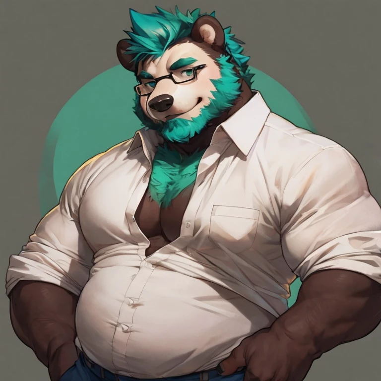 Solo, SemiMuscular Medium thin, male middle aged, anthro Badger, Master of Philosophy, black and creamy white fur, body beauty of a bluish-green tone, thin beard, flirting, dynamic light, opened Shirt, Spectacles, thick shirt ,Teal  hair and beard, extremely hot and sexy, Daddy figure, hot daddy, by darkgem, by zixiong, by glitter trap boy