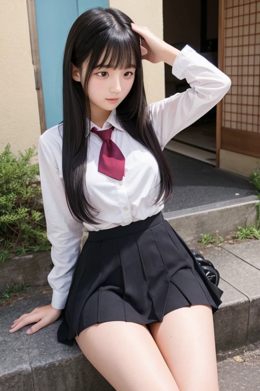 Japanese high school girl ************、Long Black Hair、The way she ties her hair back is so charming。Mini skirt on camisoles。
Beautiful plump thighs。