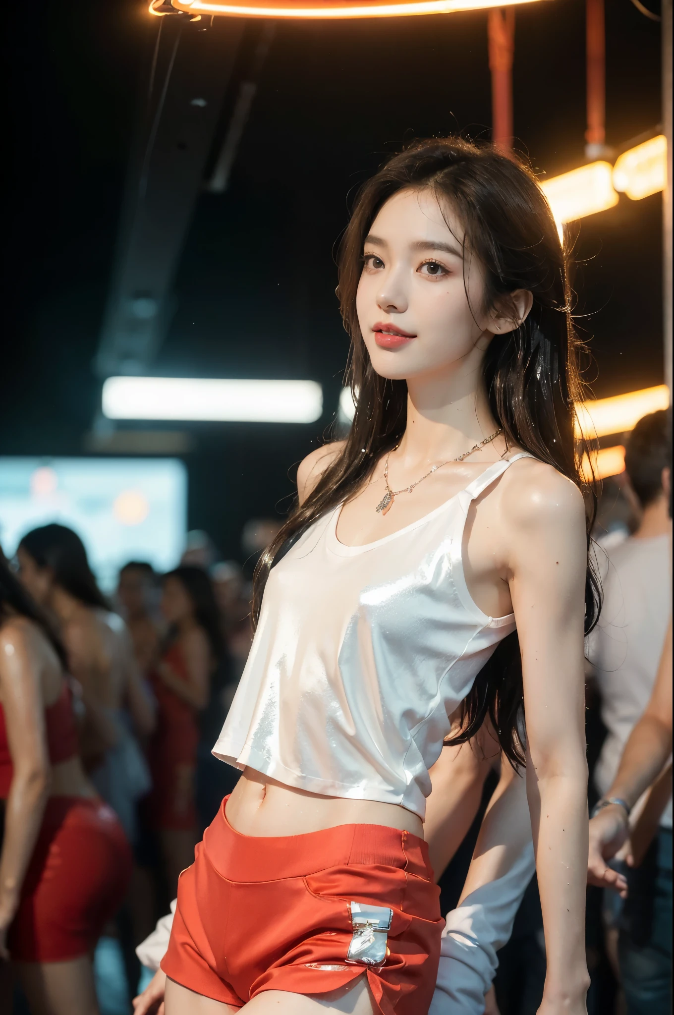 (((best quality))),(((ultra detailed))),(((masterpiece))),illustration,((1 beautiful girl,solo)),(shoulder-length straight hair:1.1),((slim,thin)),((small breasts,flat chest)),(necklace:1.2),((sweat,wet)),(shiny skin:1.5),(white tank top:1.3),(red shorts:1.3),(slender legs:1.2),(in nightclub:1.3),(neon lights:1.3), energy,(standing:1.3),(smile:1.2), conversation, thumping bass, sun-kissed skin, tanned legs,delicate features, grace, confidence, excitement, pulsating lights, capturing attention, vibrant atmosphere, center of attention,(summer:1.3),(night scene:1.3), adventure, frozen moment,((from front,upper body)),(surrounded by crowded crowds:1.3)