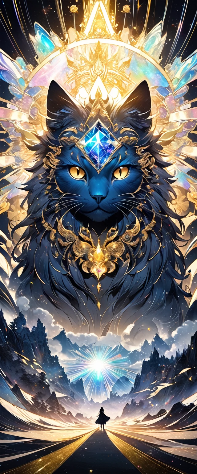 gold line art effects, fusion of watercolors and oil paintings, fusion of paper cutting and shadow puppetry, mix of monochrome and color, cool fluffy cat with golden lines, a divine beast, a jewel, cosmic rays, transparent, iridescent, good luck picture, conceptual installation art, (ultra detailed, absolutely resolution, best quality:1.3), 2.5D, delicate and dynamic, hyper realistic, artistic photography, graphic CG digital art, shading effects, gradation magic effects, glitter effects, moonlight effects, foggy filter effect