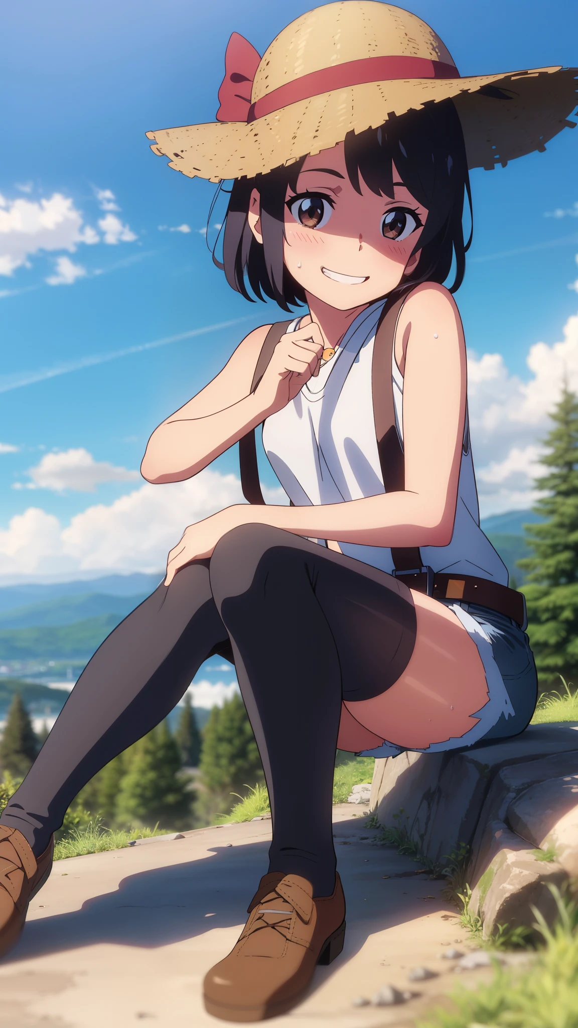 shinkai makoto, kimi no na wa., 1girl, bangs, black hair, blush, brown eyes, perfect face, looking at the viewer, bonnie hat, black suspenders, white t-shirt, bare shoulders, garterbelt, sight, blue shorts, belt, short hair, solo, shinny skin, smile, cute, grin, black thighhighs, cloudy, blue sky, mountains, rocks, sitting, sweat, full body, (masterpiece), best quality