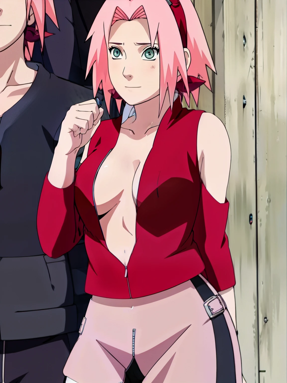 Sakura Haruno showing her belly with open zipper and open top showing her sexy breasts 