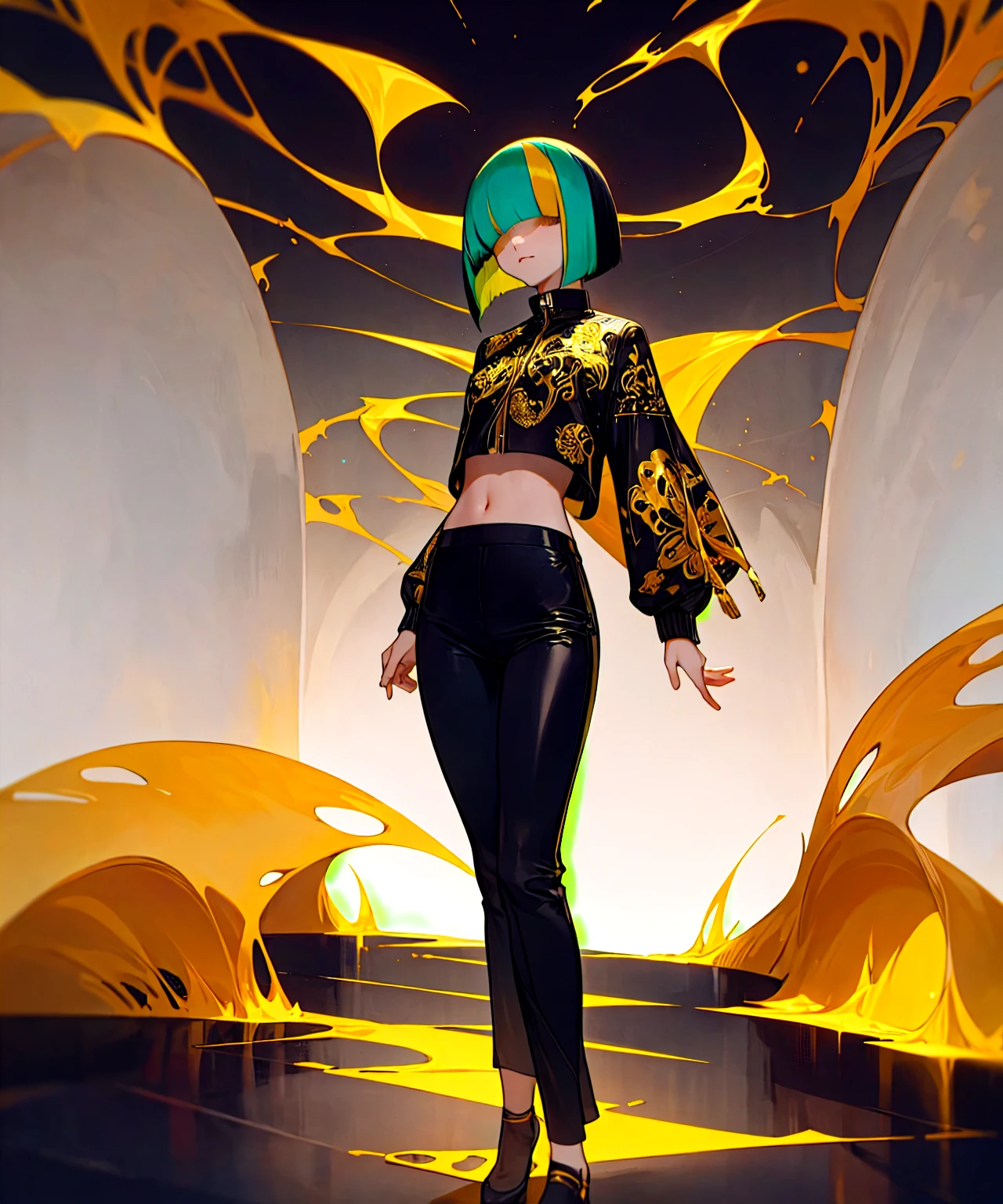 bce, 1girl, solo, (hair over eyes), green hair, black hair, two-tone hair, bob cut, white crop top, black and gold jacket with intricate designs, black pants, foggy background, hands to side, standing on path
