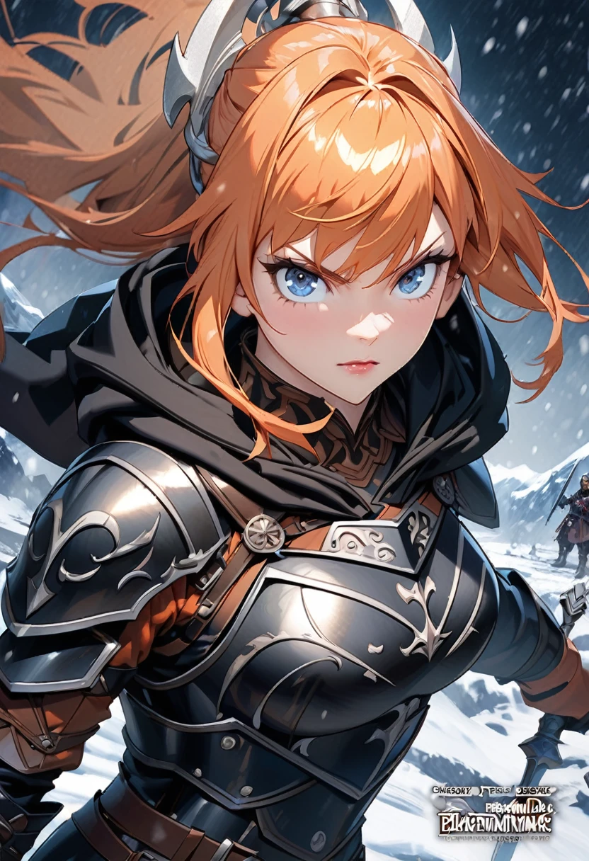 a close up of a orange haired Nordic anime woman in armor holding a spear accompanied by a handsome swordsman in a black hood and black armor, light novel cover, viking style, Nordic, anime, badass art, cool, snowy background, detailed, 4k
