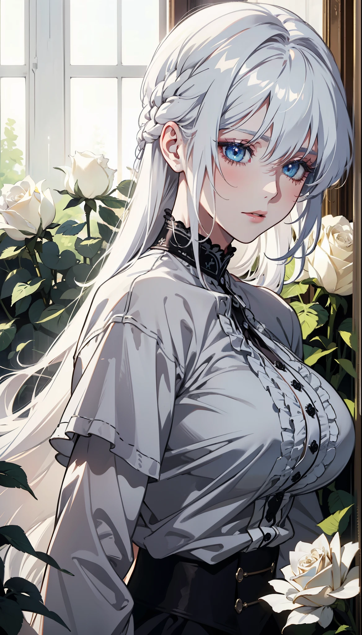 young,White Rose,Blood,Low screen contrast,high brightness,White hair,Soft Light,Soft Focus,romanticism, anime big breasts, Impressionism, Movie Lighting, close up, Ultra HD, masterpiece, High Detail