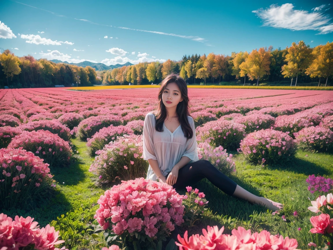 Beautiful girl sitting in a flower field, Infrared photography,Graphic design,poster for,fine art,vivd colour
