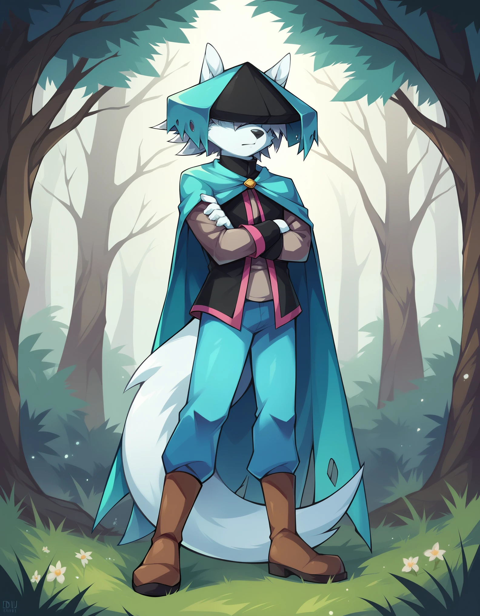 score_9, score_8_up, score_7_up, score_6_up, (du57aet, anthro, tail), ((male focus, 1boy, solo)), male, from below, hat over eyes, hat, cape, vest, pants, boots, sword, arms crossed, forest background 