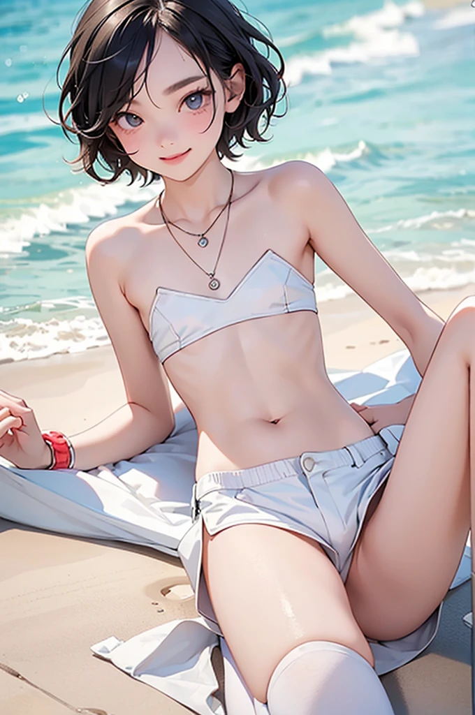 One girl,software, Wavy short hair, White porcelain skin, (Skinny body),((flat chest like a boy:1.2)), Loose-fitting cropped top, Mini shorts, White thigh-high socks, bracelet, necklace, smile, hot summer, Miami vibes, Full body image, Wide-angle